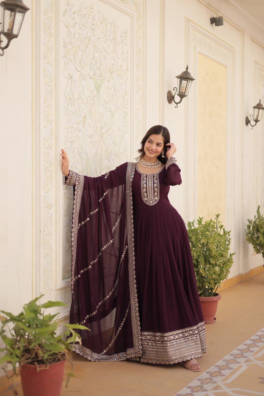 Embroidered Sequins Work Faux Blooming Gown with Dupatta