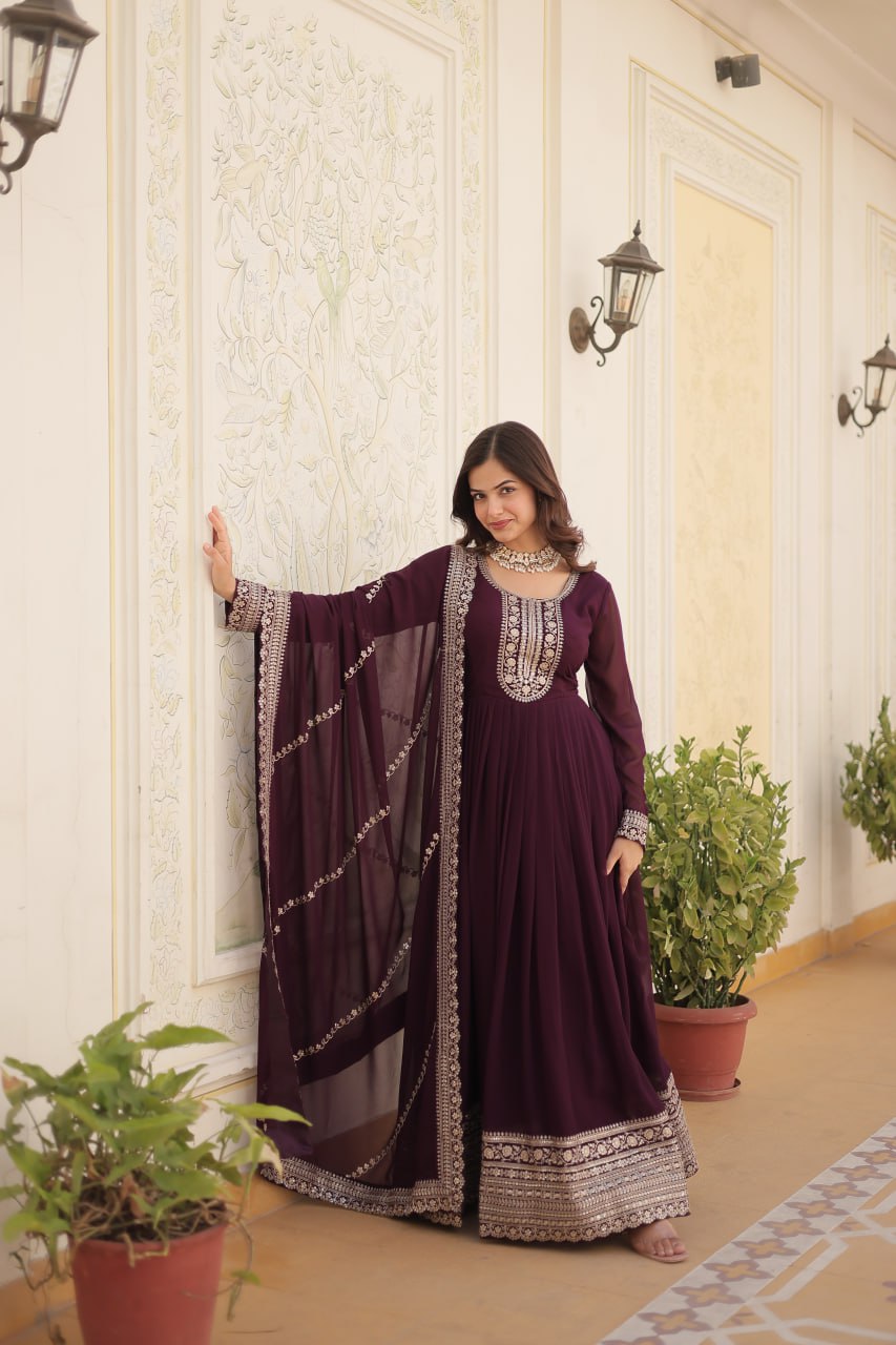 Embroidered Sequins Work Faux Blooming Gown with Dupatta