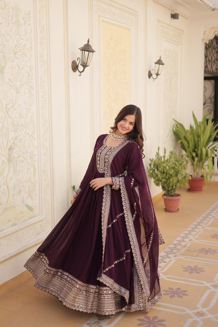 Embroidered Sequins Work Faux Blooming Gown with Dupatta