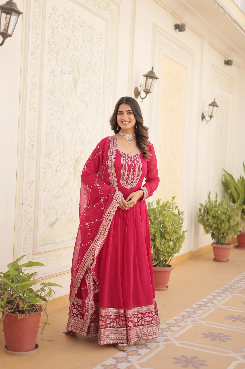 Embroidered Sequins Work Faux Blooming Gown with Dupatta