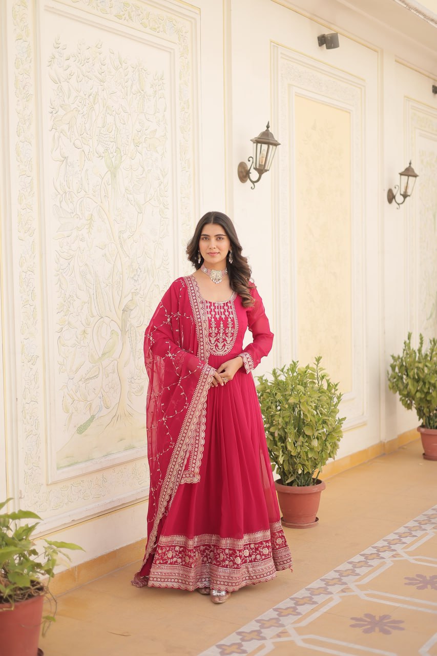 Embroidered Sequins Work Faux Blooming Gown with Dupatta