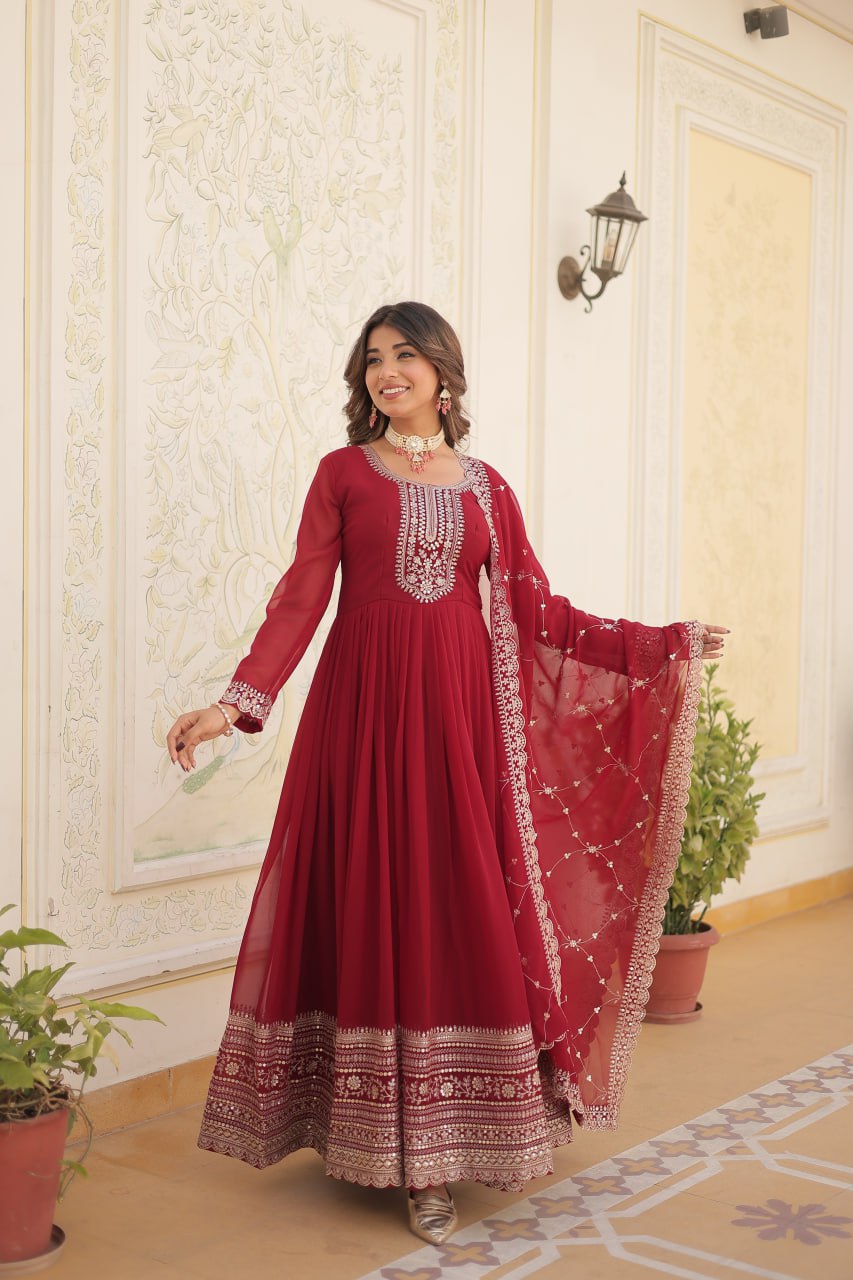 Embroidered Sequins Work Faux Blooming Gown with Dupatta