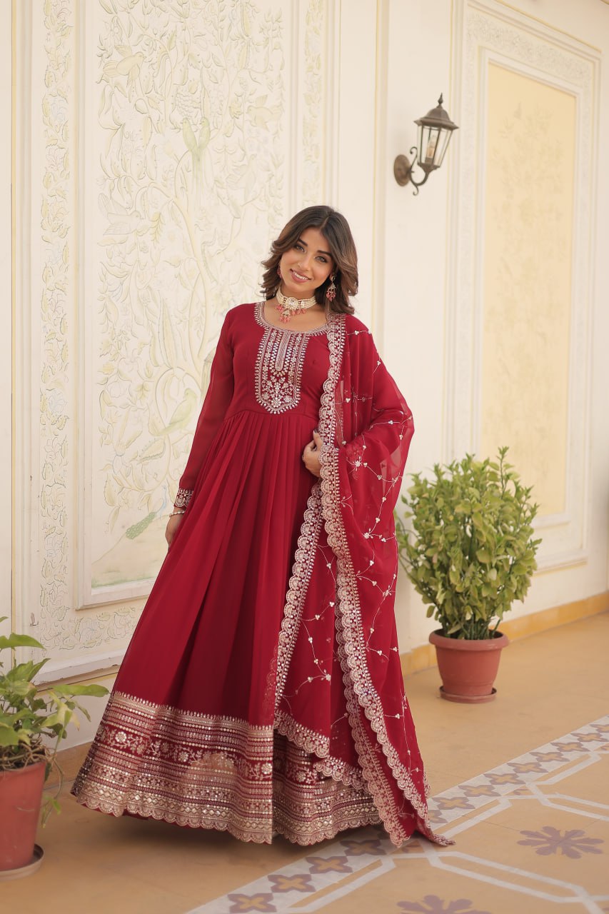 Embroidered Sequins Work Faux Blooming Gown with Dupatta