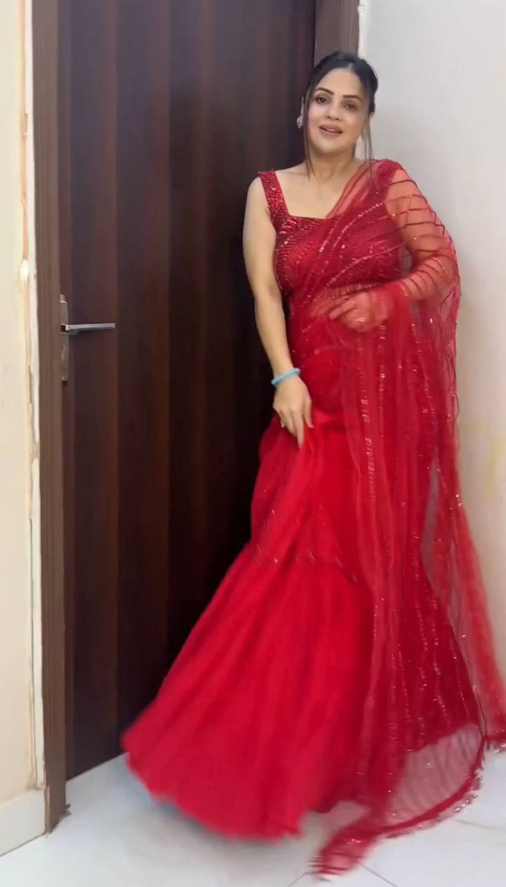 Ready to Wear Red Coloured Lehenga Saree Set