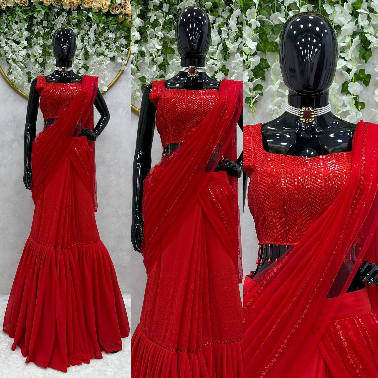 Ready to Wear Red Coloured Lehenga Saree Set