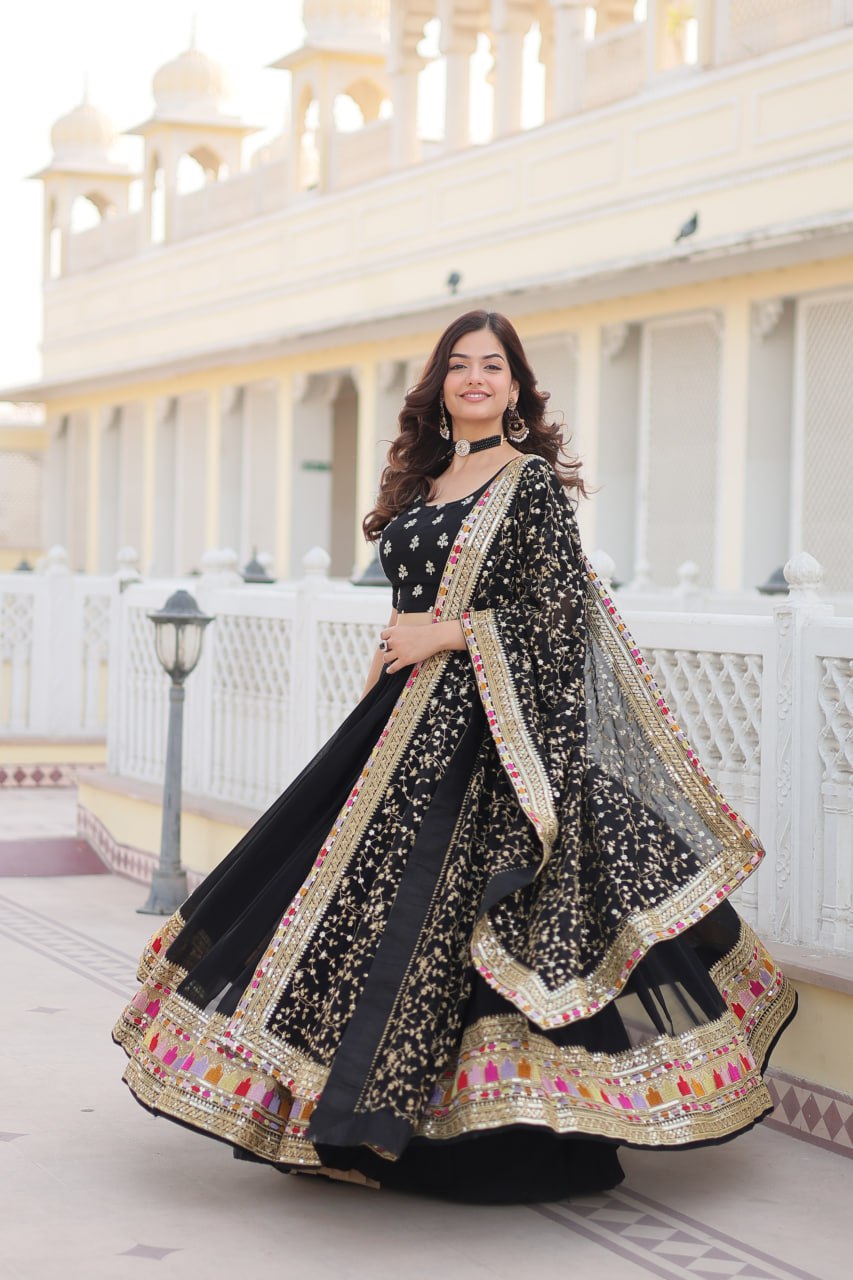 "Black Colour Blooming Georgette Sequins Embroidered Lehenga Choli Set"