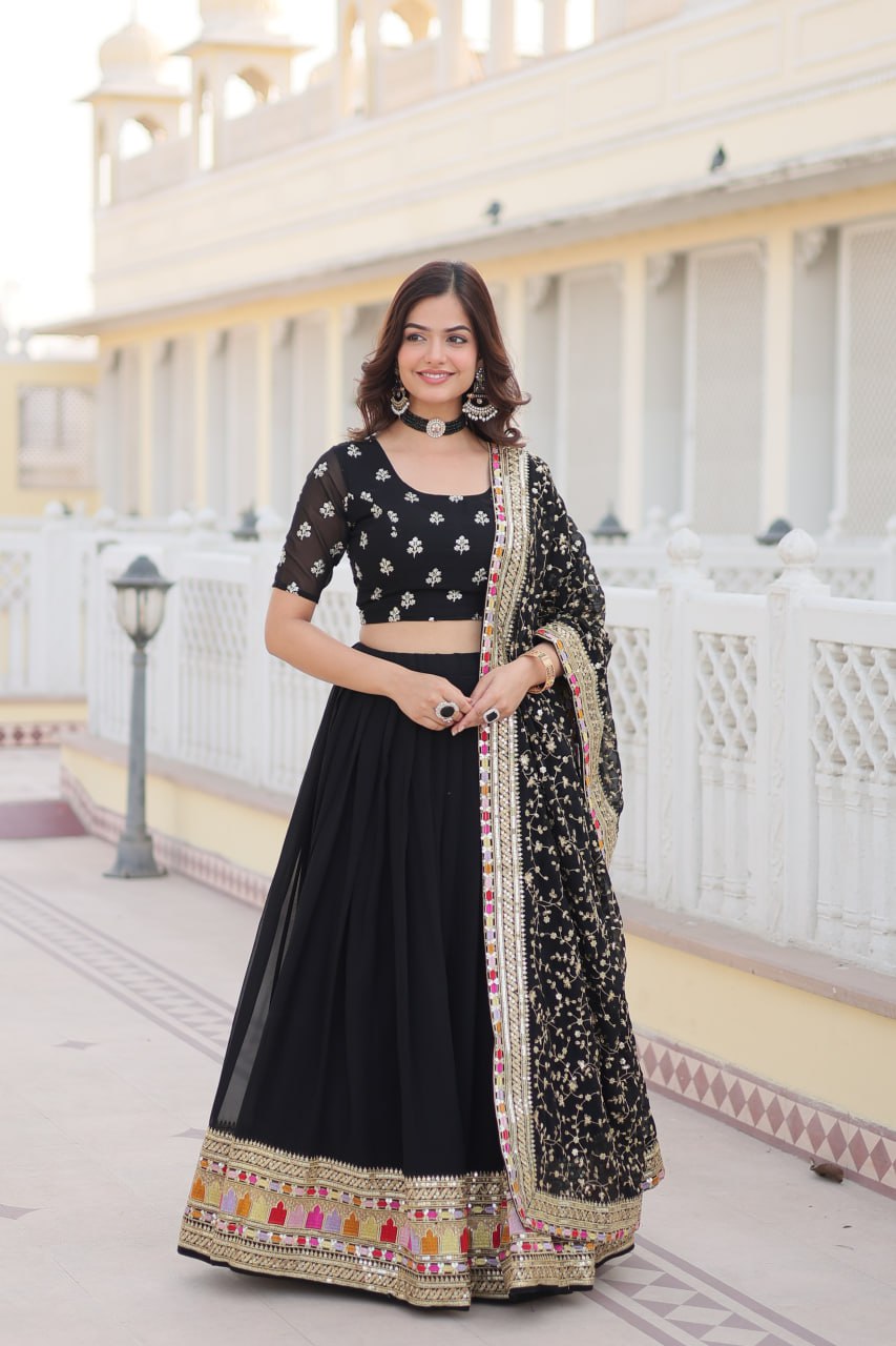 "Black Colour Blooming Georgette Sequins Embroidered Lehenga Choli Set"