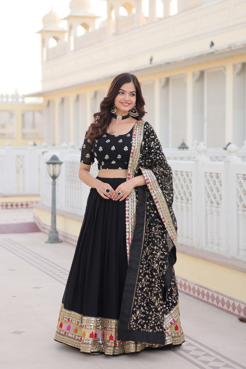 "Black Colour Blooming Georgette Sequins Embroidered Lehenga Choli Set"