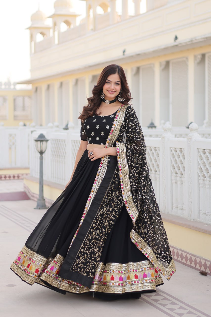 "Black Colour Blooming Georgette Sequins Embroidered Lehenga Choli Set"