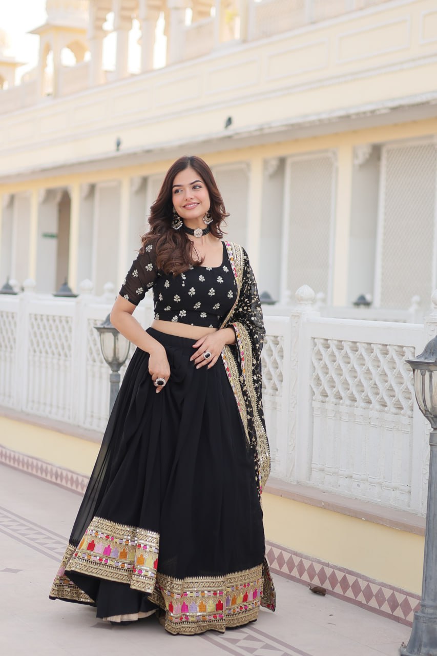 "Black Colour Blooming Georgette Sequins Embroidered Lehenga Choli Set"