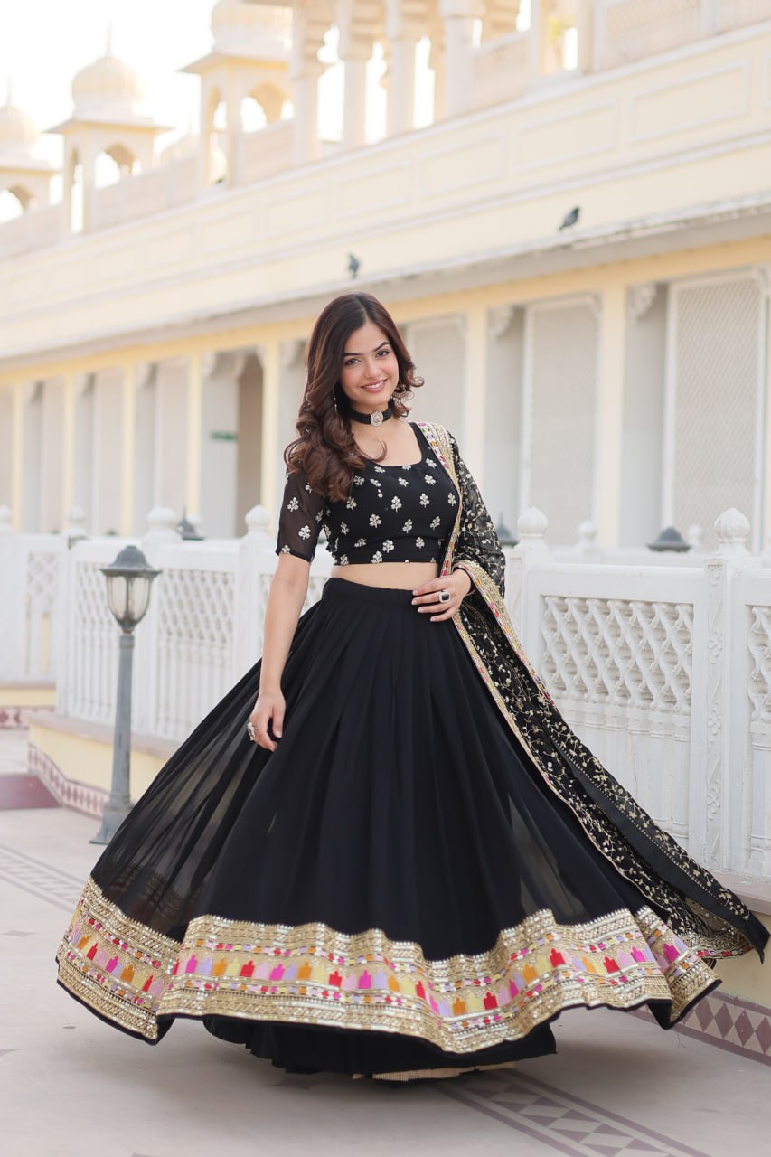 "Black Colour Blooming Georgette Sequins Embroidered Lehenga Choli Set"