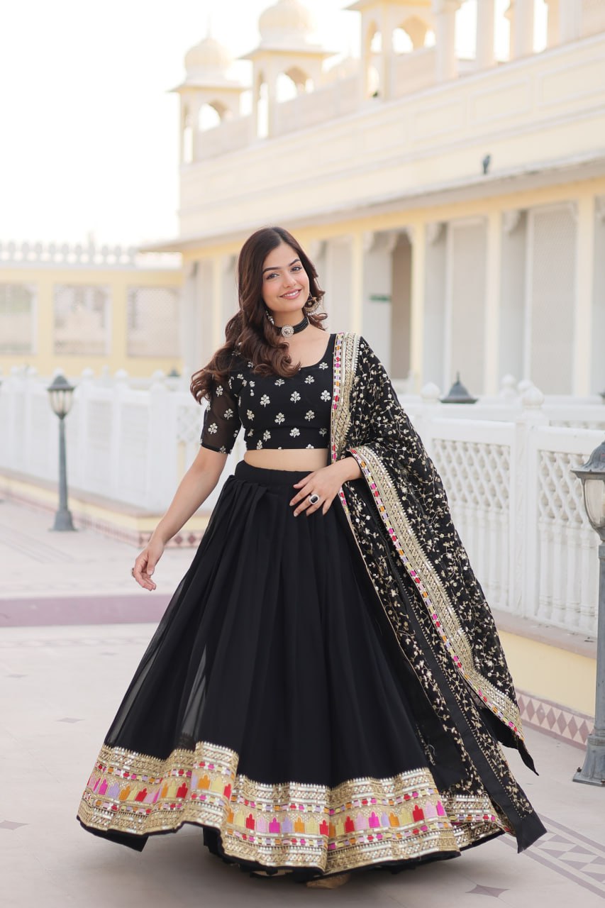 "Black Colour Blooming Georgette Sequins Embroidered Lehenga Choli Set"