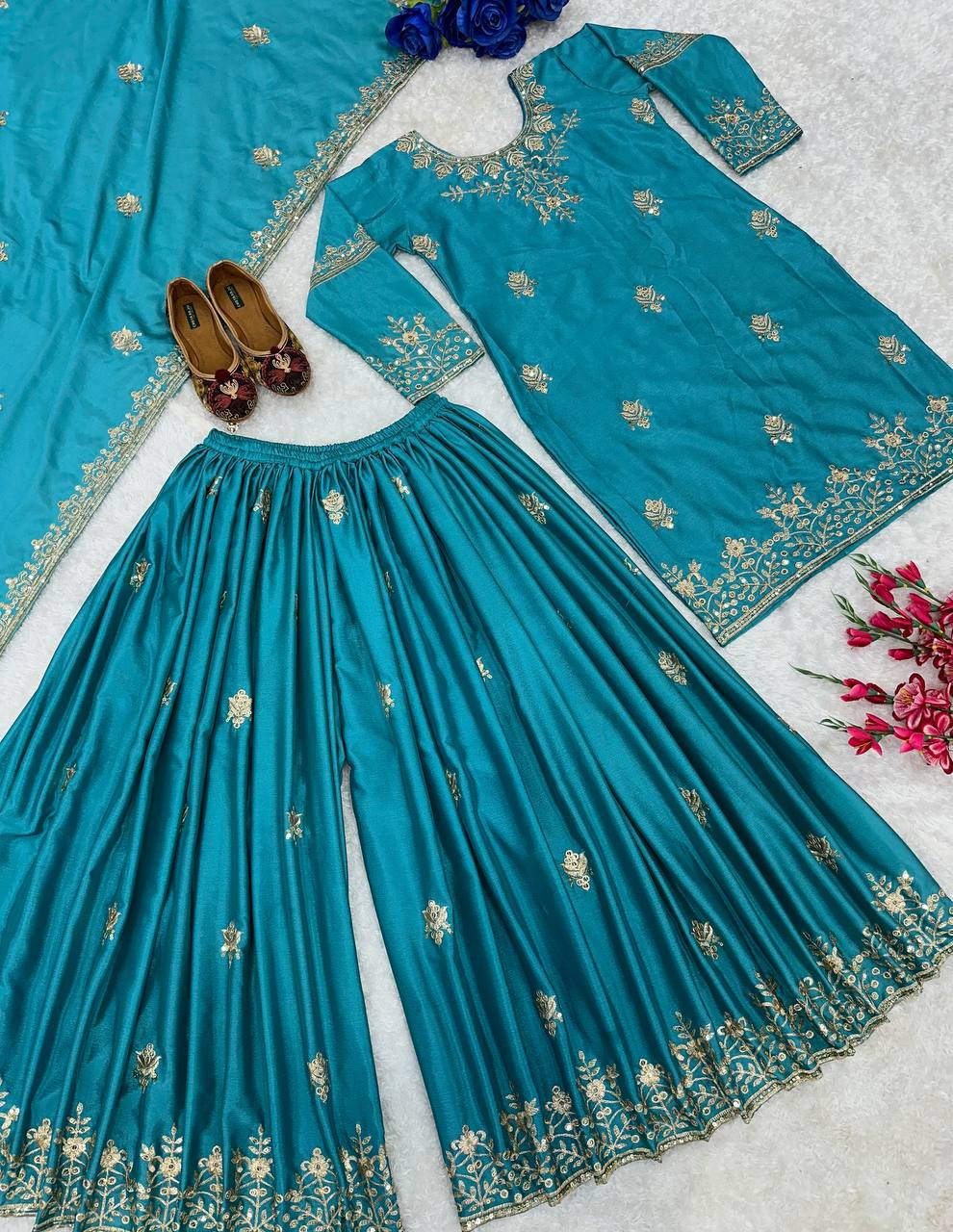 Exclusive Designer Party Wear Ensemble: Embroidered Chinon Silk Top, Sharara & Fancy Dupatta Set