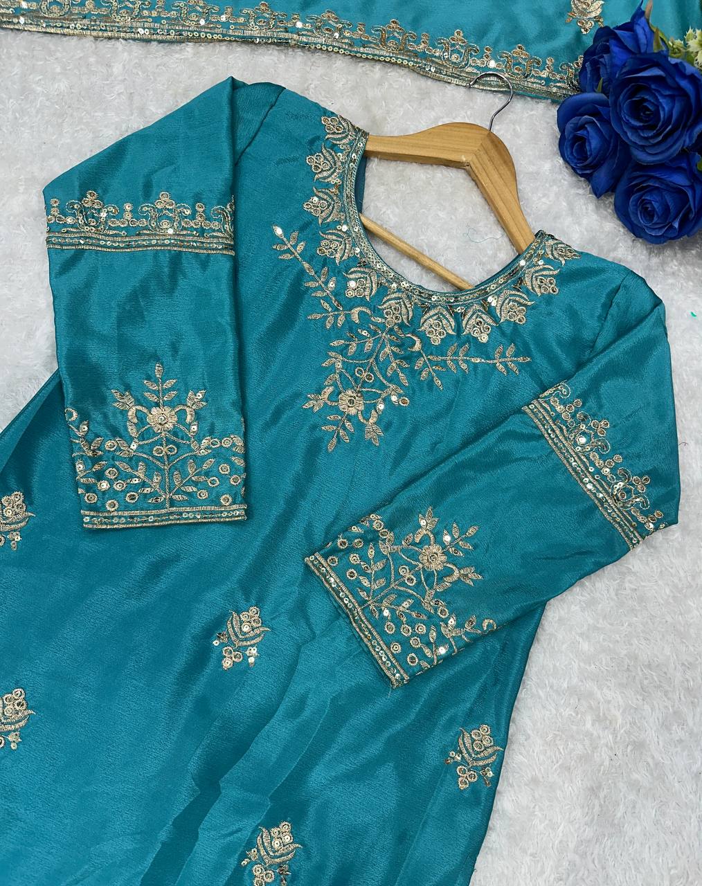 Exclusive Designer Party Wear Ensemble: Embroidered Chinon Silk Top, Sharara & Fancy Dupatta Set