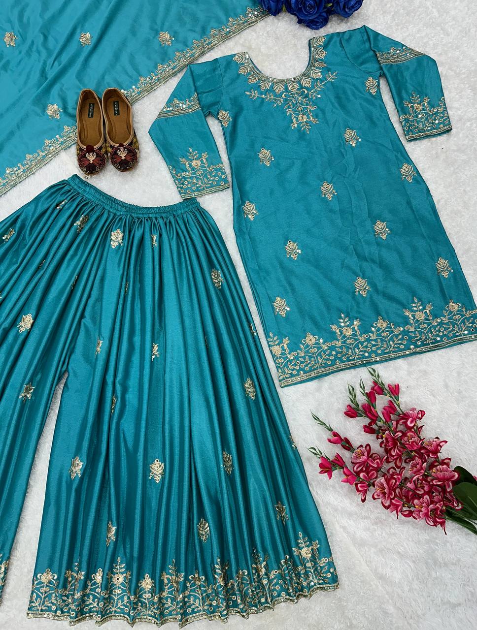 Exclusive Designer Party Wear Ensemble: Embroidered Chinon Silk Top, Sharara & Fancy Dupatta Set