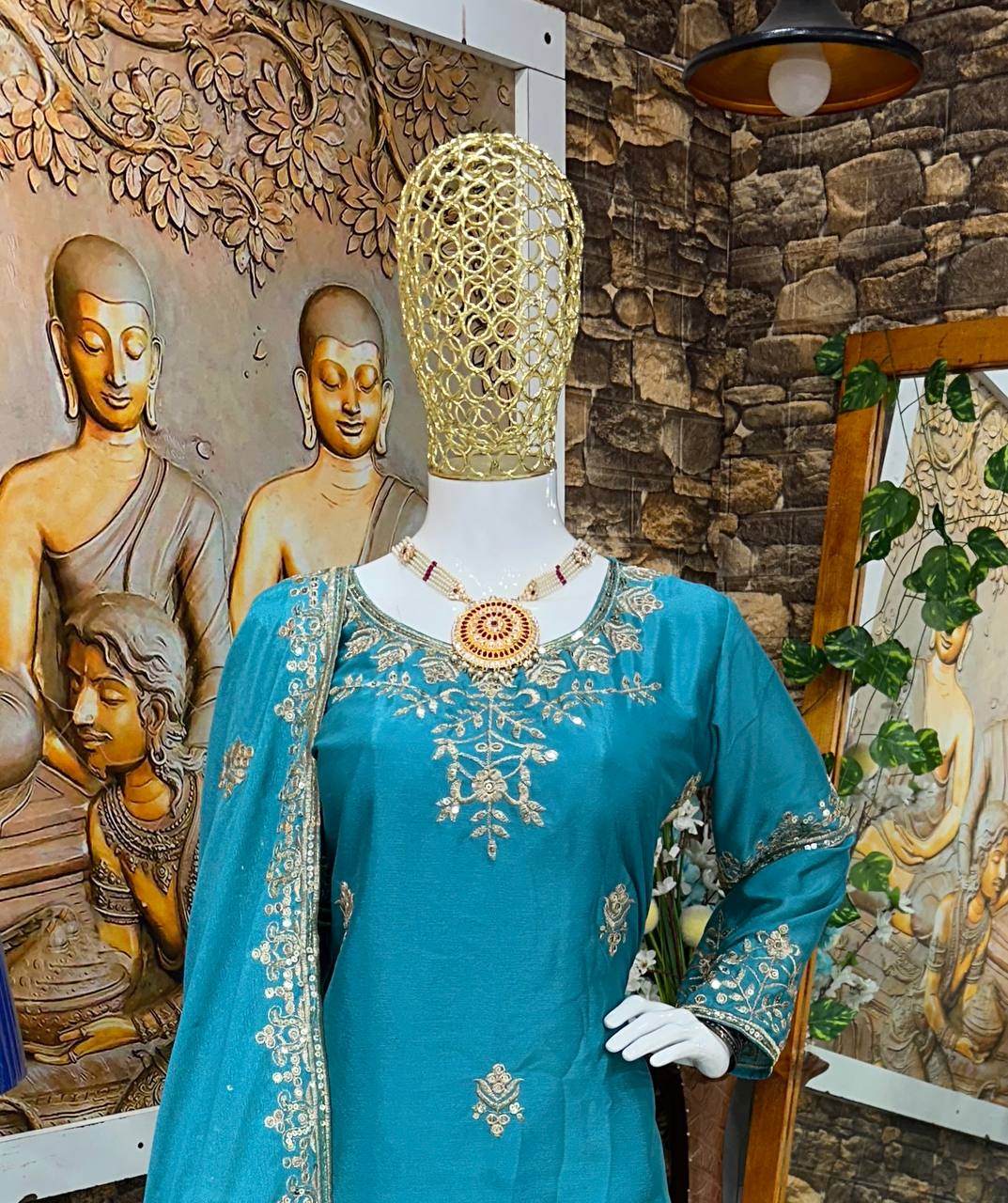 Exclusive Designer Party Wear Ensemble: Embroidered Chinon Silk Top, Sharara & Fancy Dupatta Set