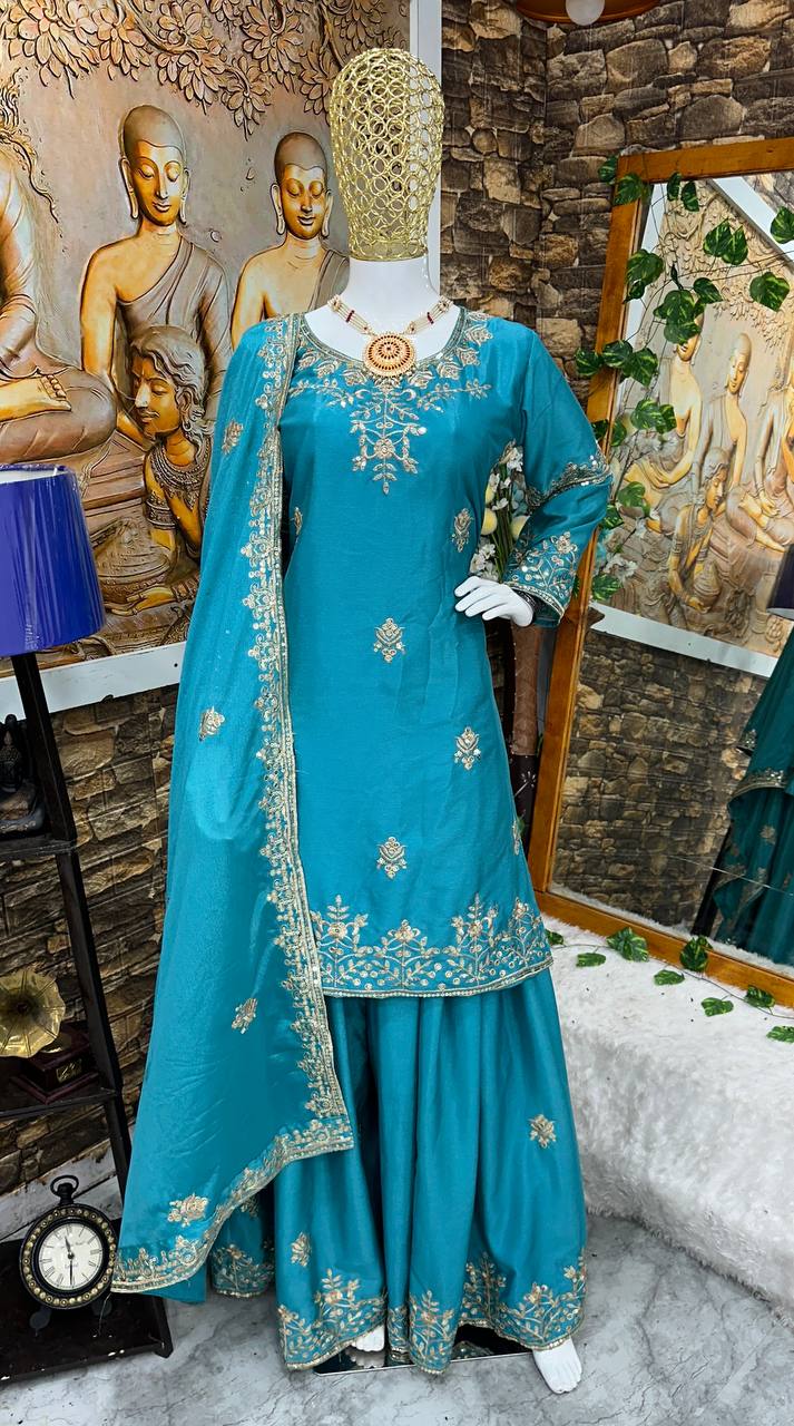 Exclusive Designer Party Wear Ensemble: Embroidered Chinon Silk Top, Sharara & Fancy Dupatta Set