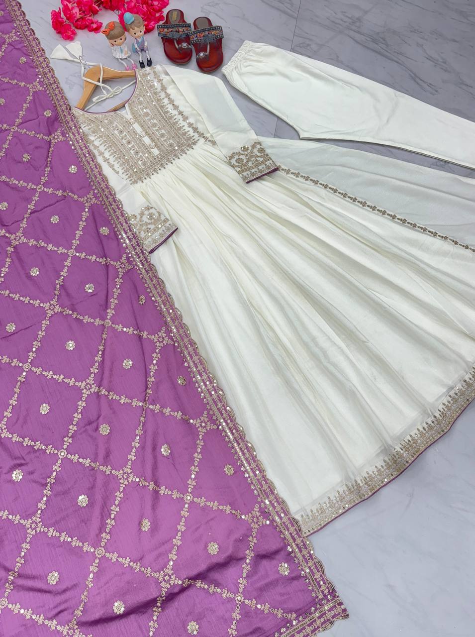 Women's Beautiful Embroidery Sequins Work Chinon Silk Anarkali White Colour Gown With Dupatta