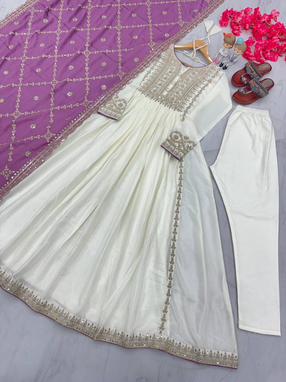 Women's Beautiful Embroidery Sequins Work Chinon Silk Anarkali White Colour Gown With Dupatta