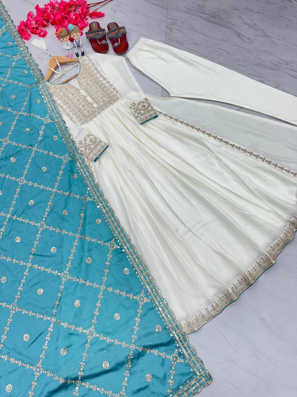 Women's Beautiful Embroidery Sequins Work Chinon Silk Anarkali White Colour Gown With Dupatta