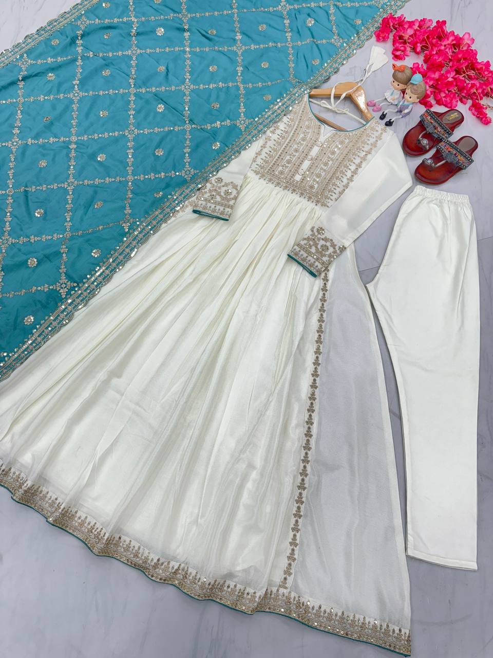 Women's Beautiful Embroidery Sequins Work Chinon Silk Anarkali White Colour Gown With Dupatta