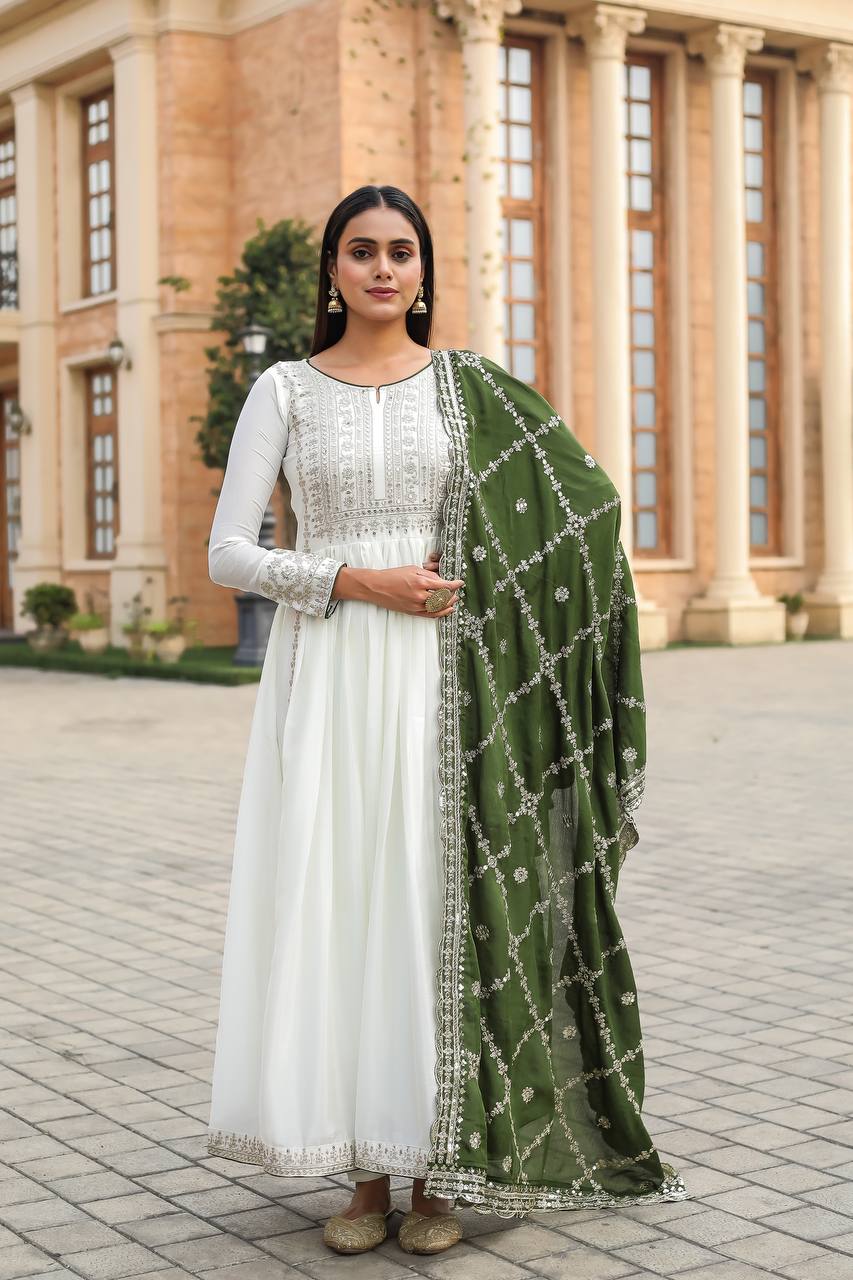 Women's Beautiful Embroidery Sequins Work Chinon Silk Anarkali White Colour Gown With Dupatta