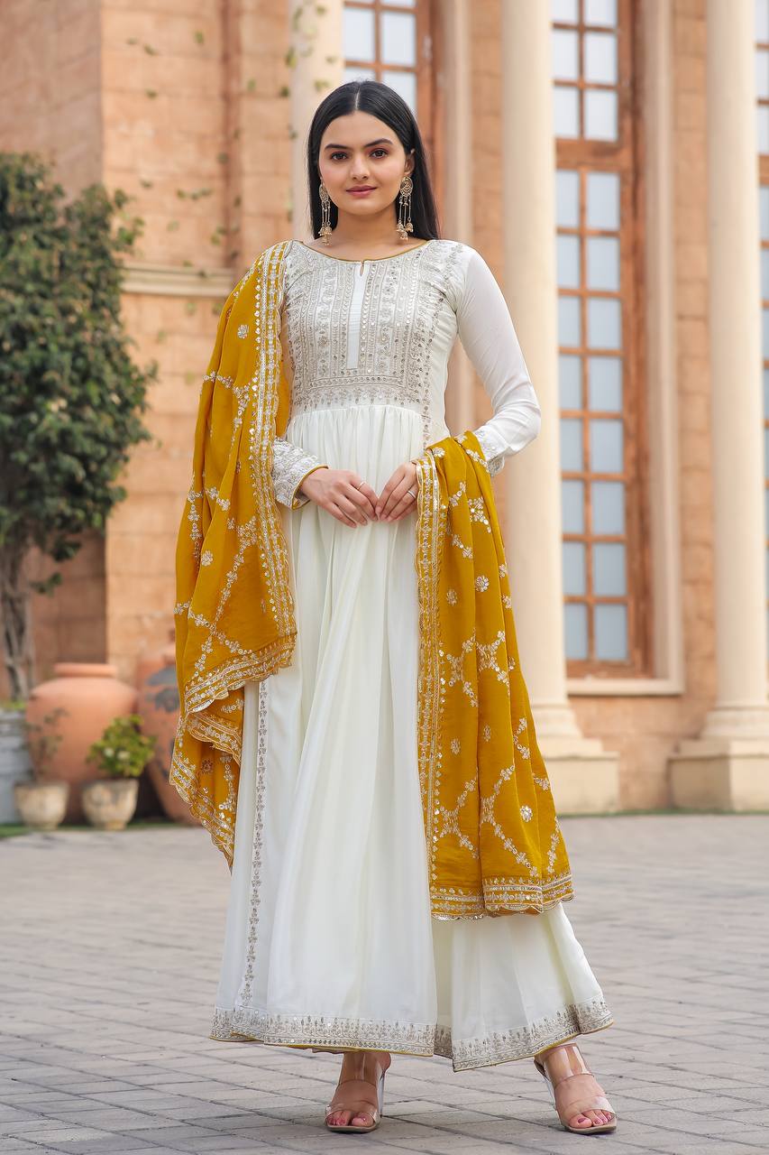 Women's Beautiful Embroidery Sequins Work Chinon Silk Anarkali White Colour Gown With Dupatta