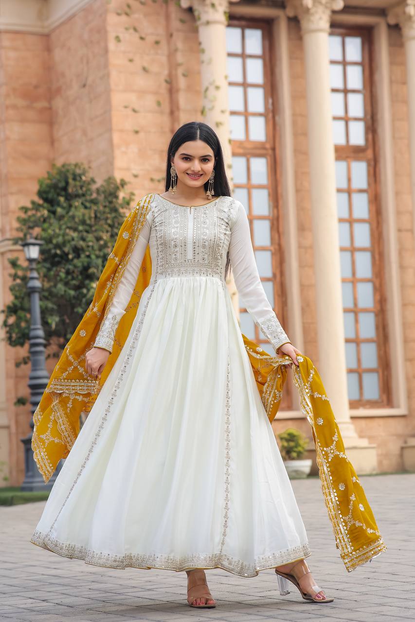 Women's Beautiful Embroidery Sequins Work Chinon Silk Anarkali White Colour Gown With Dupatta