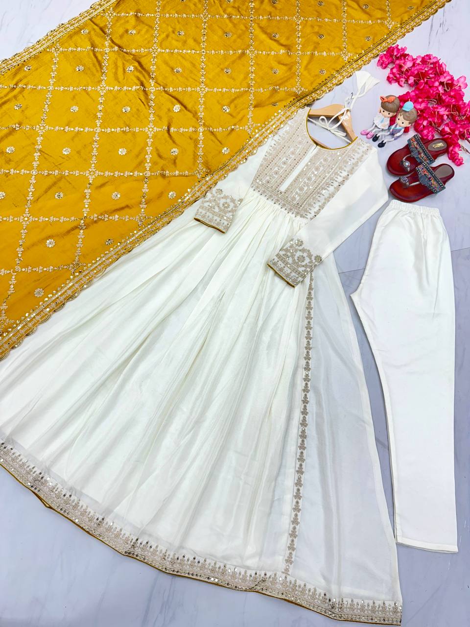 Women's Beautiful Embroidery Sequins Work Chinon Silk Anarkali White Colour Gown With Dupatta