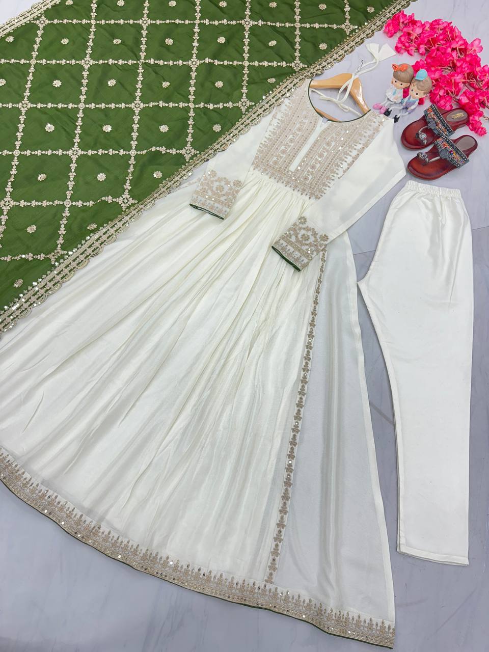 Women's Beautiful Embroidery Sequins Work Chinon Silk Anarkali White Colour Gown With Dupatta