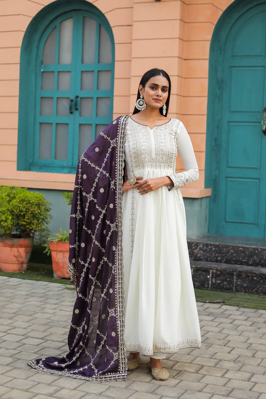 Women's Beautiful Embroidery Sequins Work Chinon Silk Anarkali White Colour Gown With Dupatta