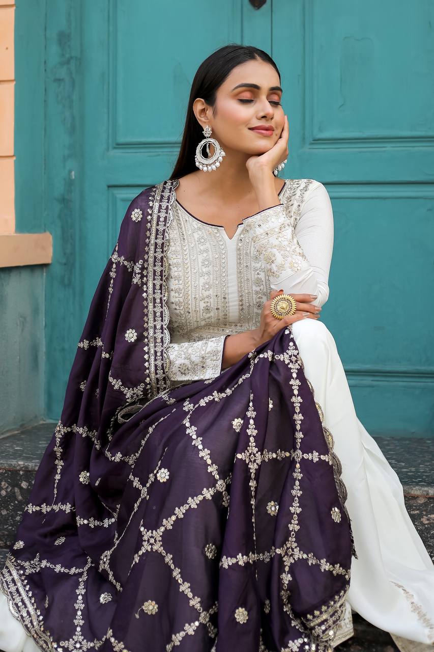 Women's Beautiful Embroidery Sequins Work Chinon Silk Anarkali White Colour Gown With Dupatta