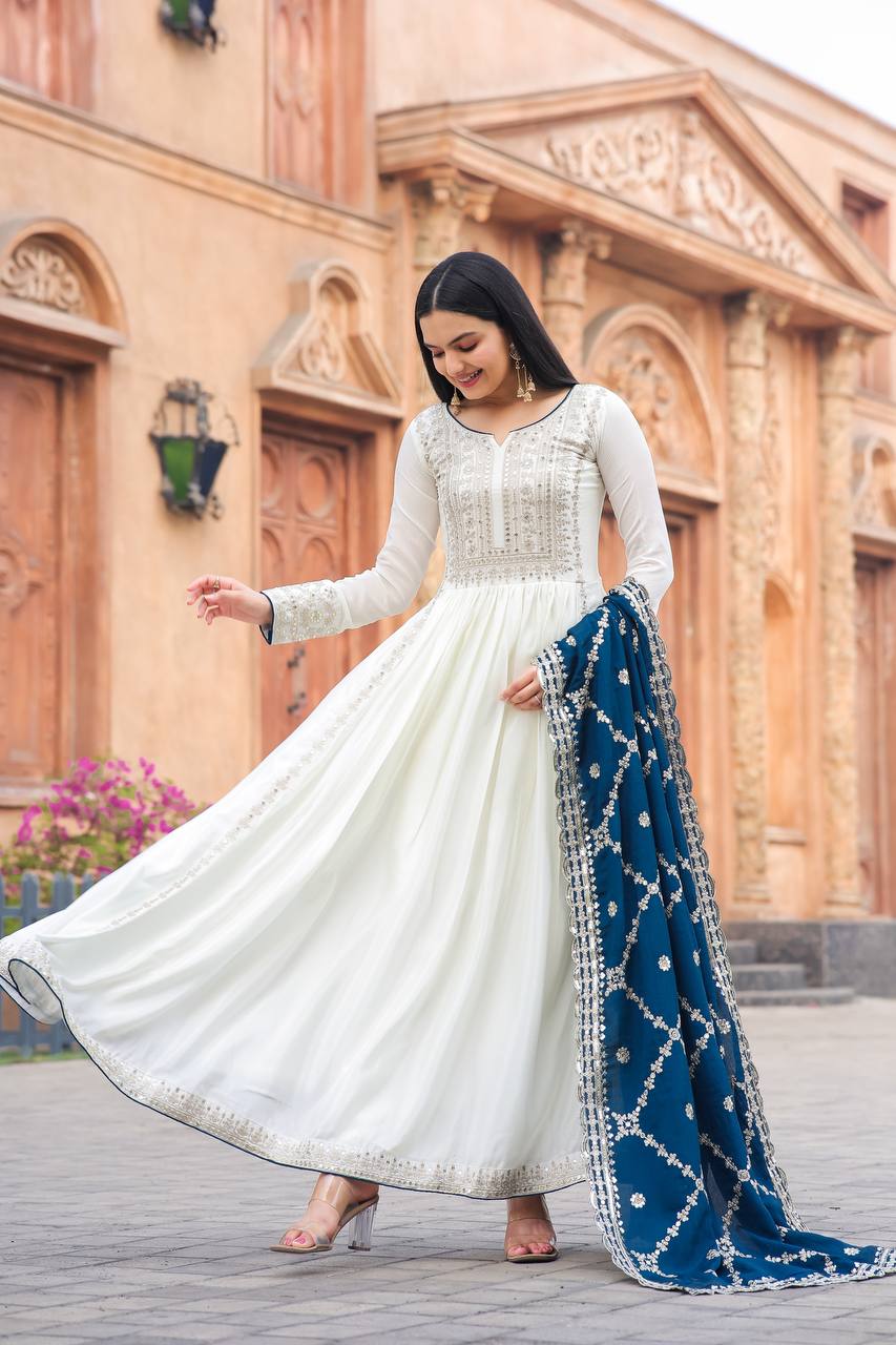 Women's Beautiful Embroidery Sequins Work Chinon Silk Anarkali White Colour Gown With Dupatta