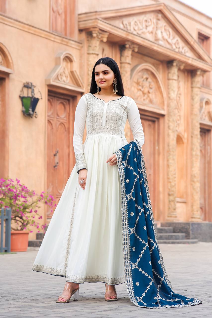 Women's Beautiful Embroidery Sequins Work Chinon Silk Anarkali White Colour Gown With Dupatta