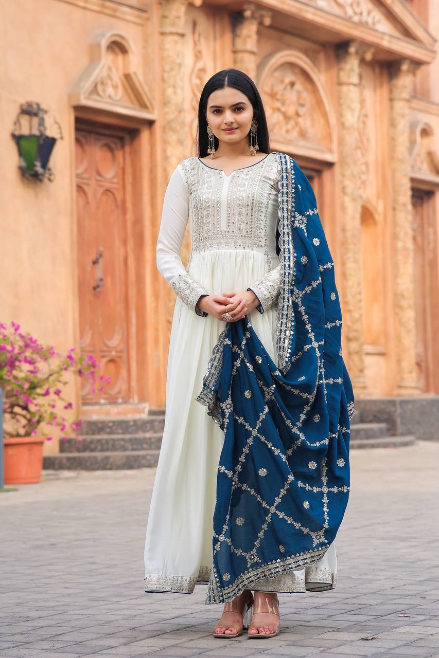 Women's Beautiful Embroidery Sequins Work Chinon Silk Anarkali White Colour Gown With Dupatta