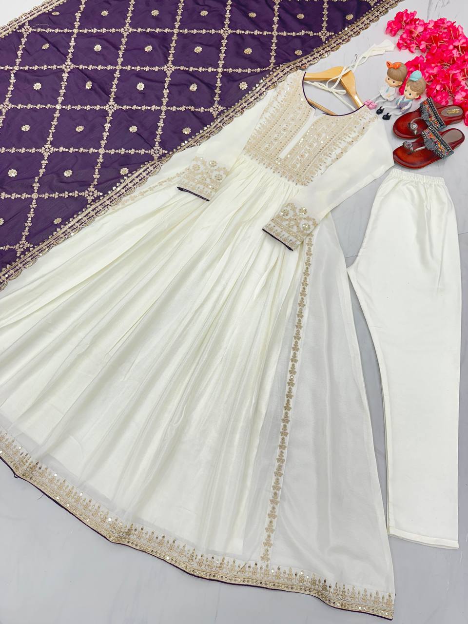 Women's Beautiful Embroidery Sequins Work Chinon Silk Anarkali White Colour Gown With Dupatta