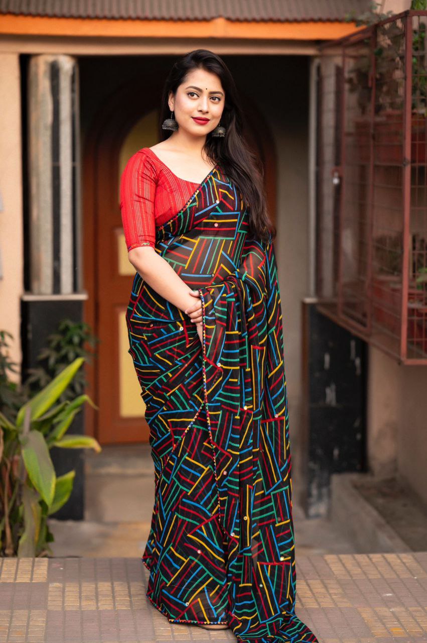 Vibrant Multicolor Geometric Print Georgette Mirror Work Saree with Red Sequence Work Blouse