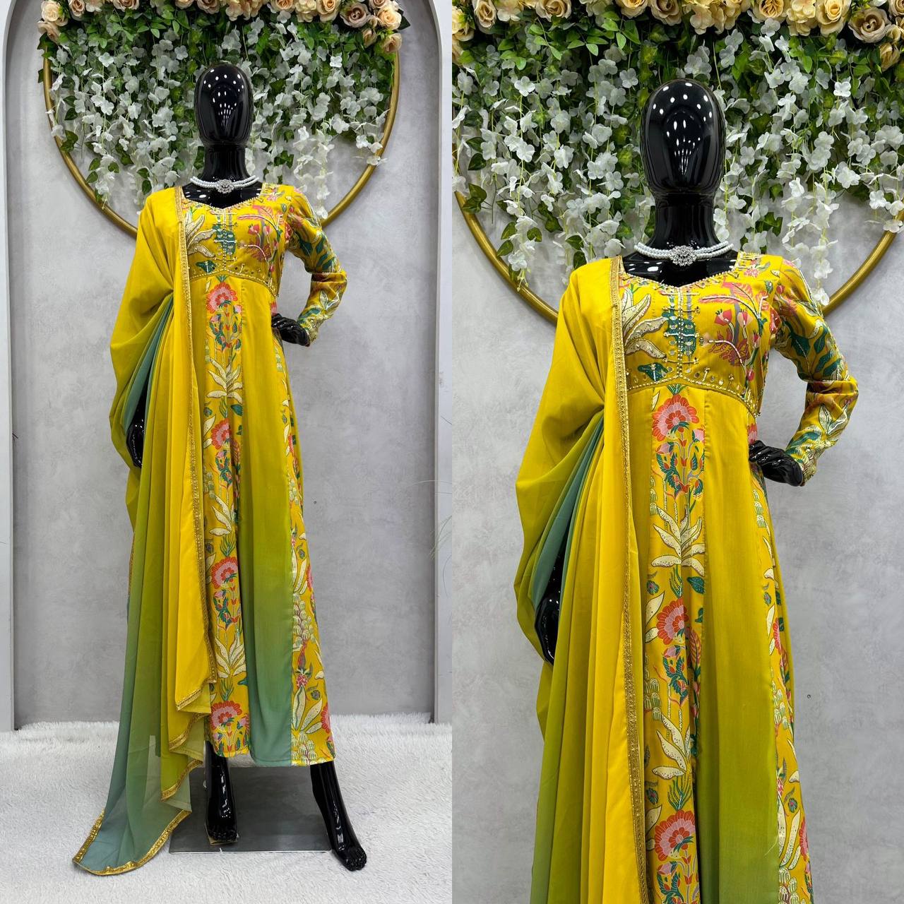 Designer Hand Work Yellow Muslin Gown Suit With  Faux Georgette Dupatta