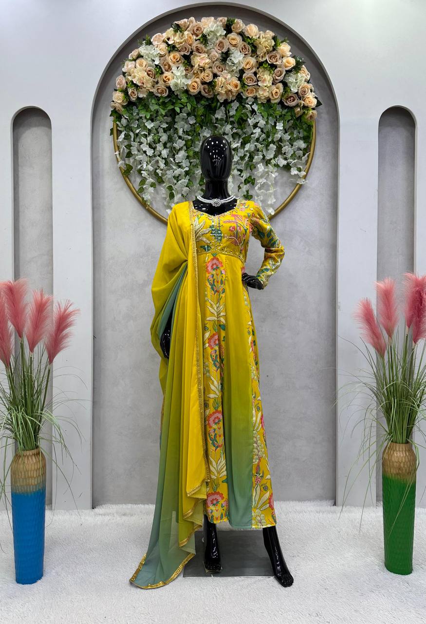 Designer Hand Work Yellow Muslin Gown Suit With  Faux Georgette Dupatta