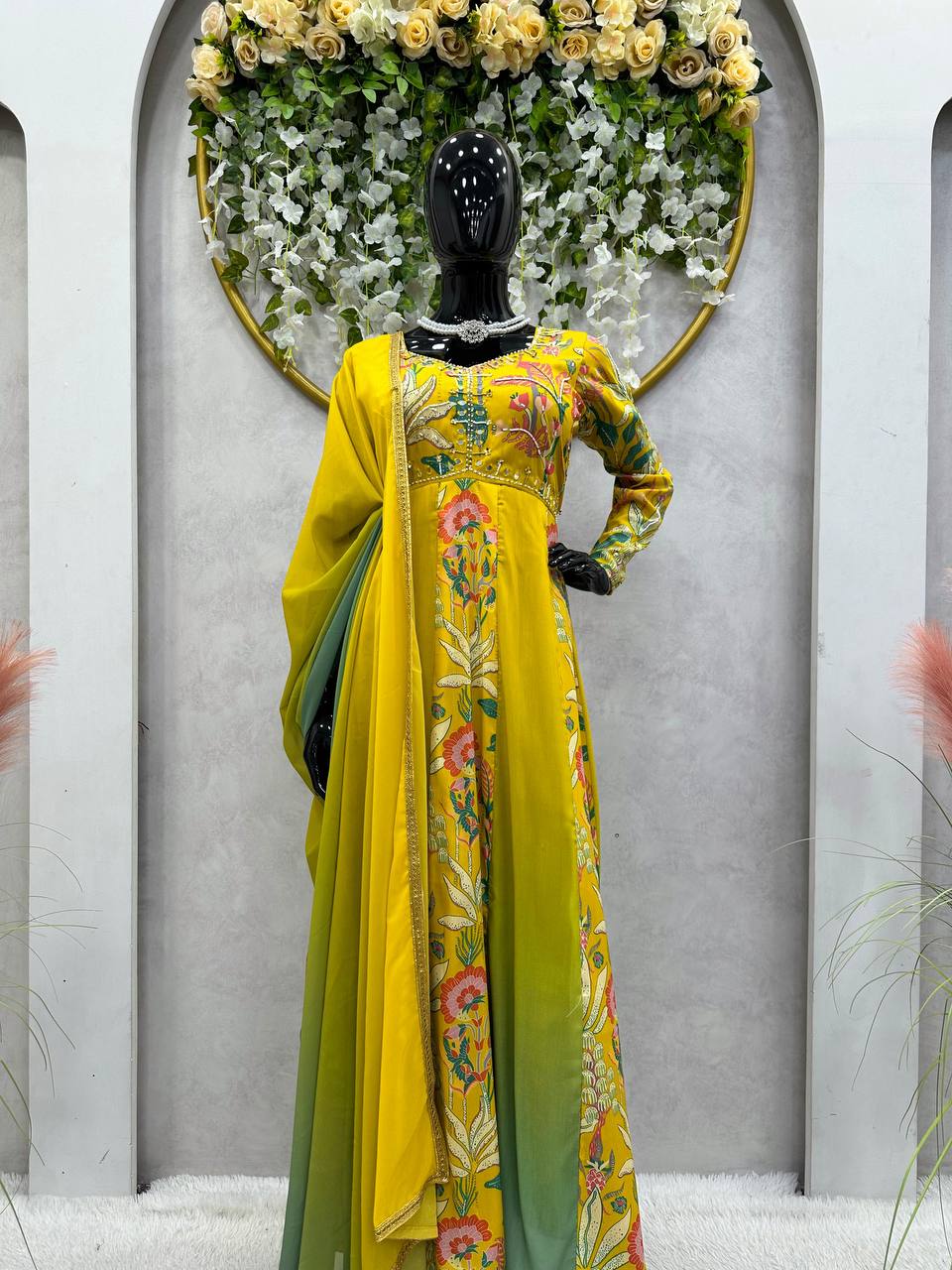 Designer Hand Work Yellow Muslin Gown Suit With  Faux Georgette Dupatta