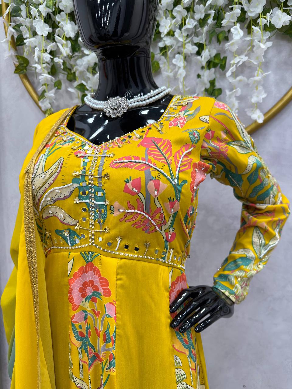 Designer Hand Work Yellow Muslin Gown Suit With  Faux Georgette Dupatta