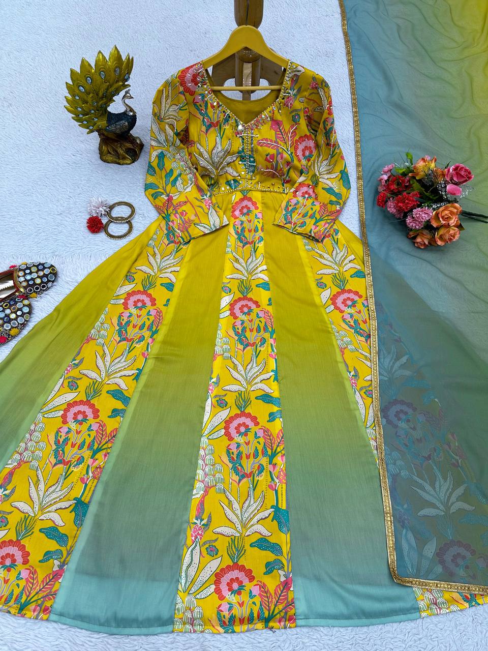 Designer Hand Work Yellow Muslin Gown Suit With  Faux Georgette Dupatta