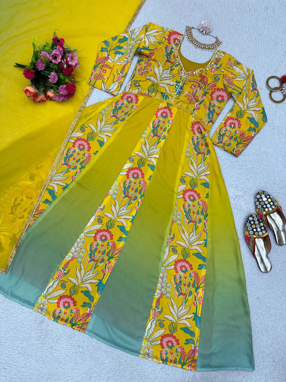 Designer Hand Work Yellow Muslin Gown Suit With  Faux Georgette Dupatta