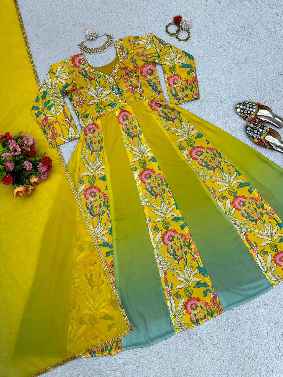 Designer Hand Work Yellow Muslin Gown Suit With  Faux Georgette Dupatta