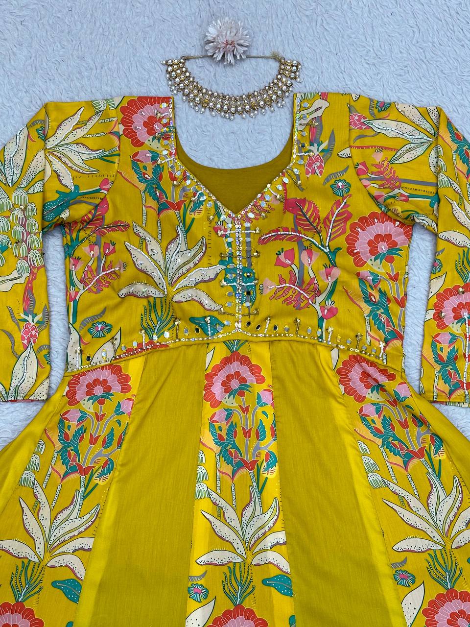 Designer Hand Work Yellow Muslin Gown Suit With  Faux Georgette Dupatta