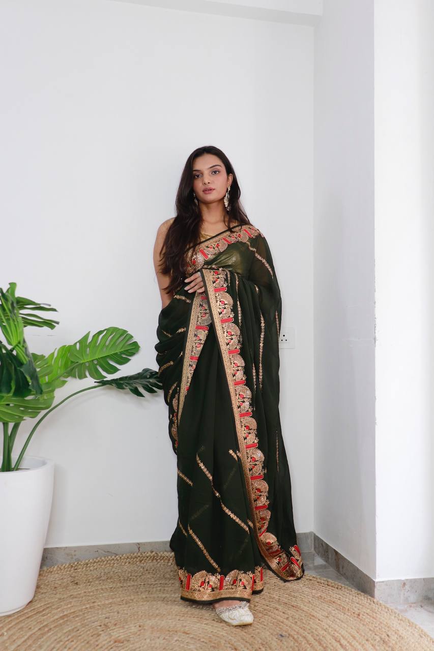 Superb Blooming Dark Colors and Viscose Thread Work Soft Refined Georgette Silk Saree with Blouse