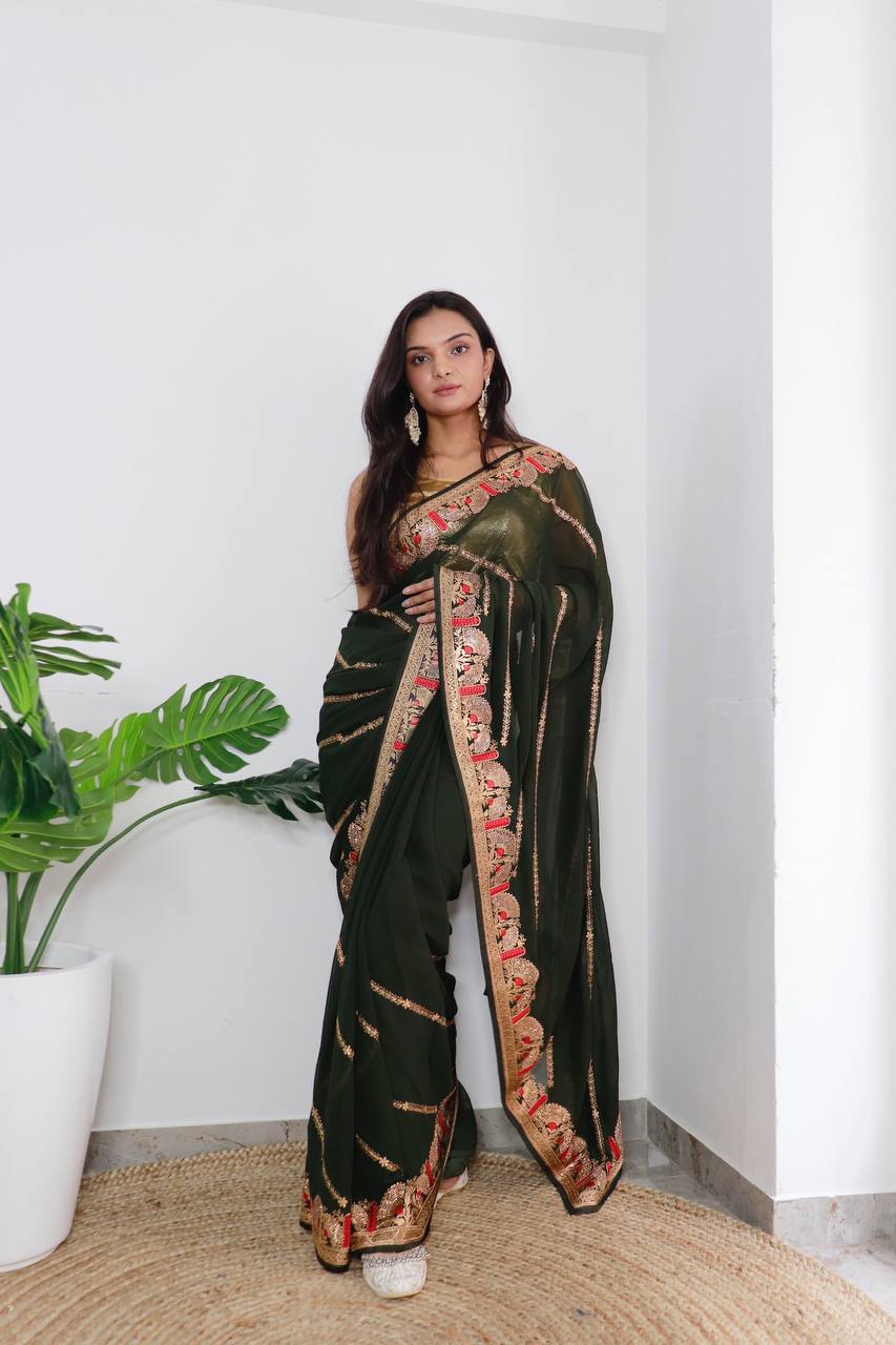 Superb Blooming Dark Colors and Viscose Thread Work Soft Refined Georgette Silk Saree with Blouse