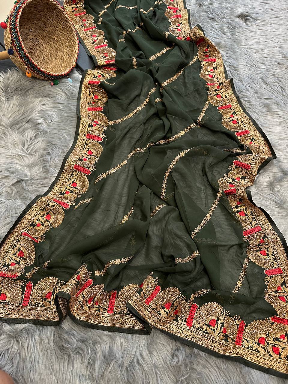 Superb Blooming Dark Colors and Viscose Thread Work Soft Refined Georgette Silk Saree with Blouse