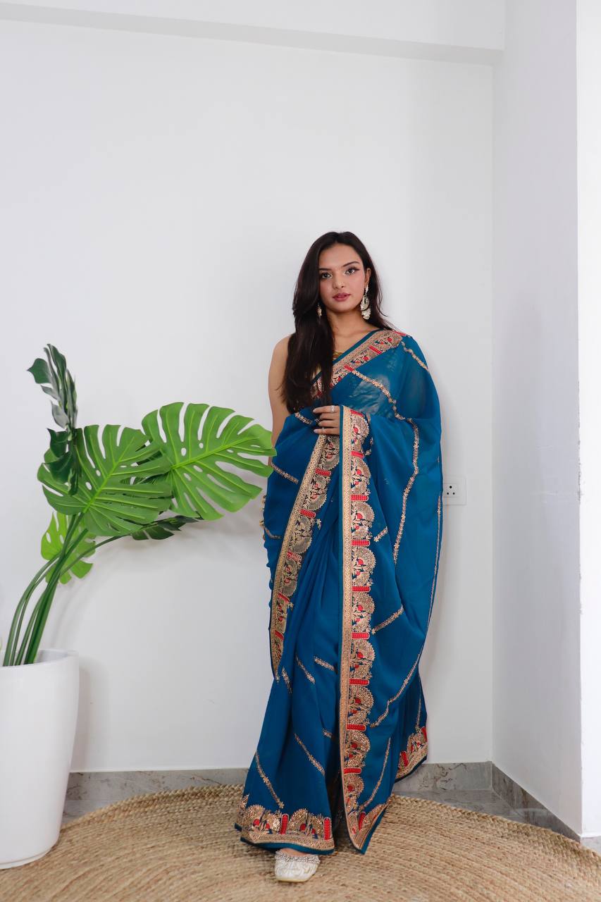 Superb Blooming Dark Colors and Viscose Thread Work Soft Refined Georgette Silk Saree with Blouse