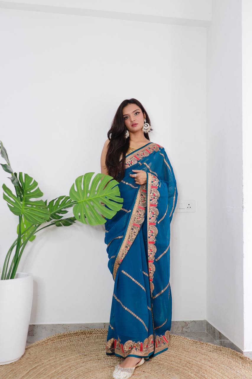 Superb Blooming Dark Colors and Viscose Thread Work Soft Refined Georgette Silk Saree with Blouse